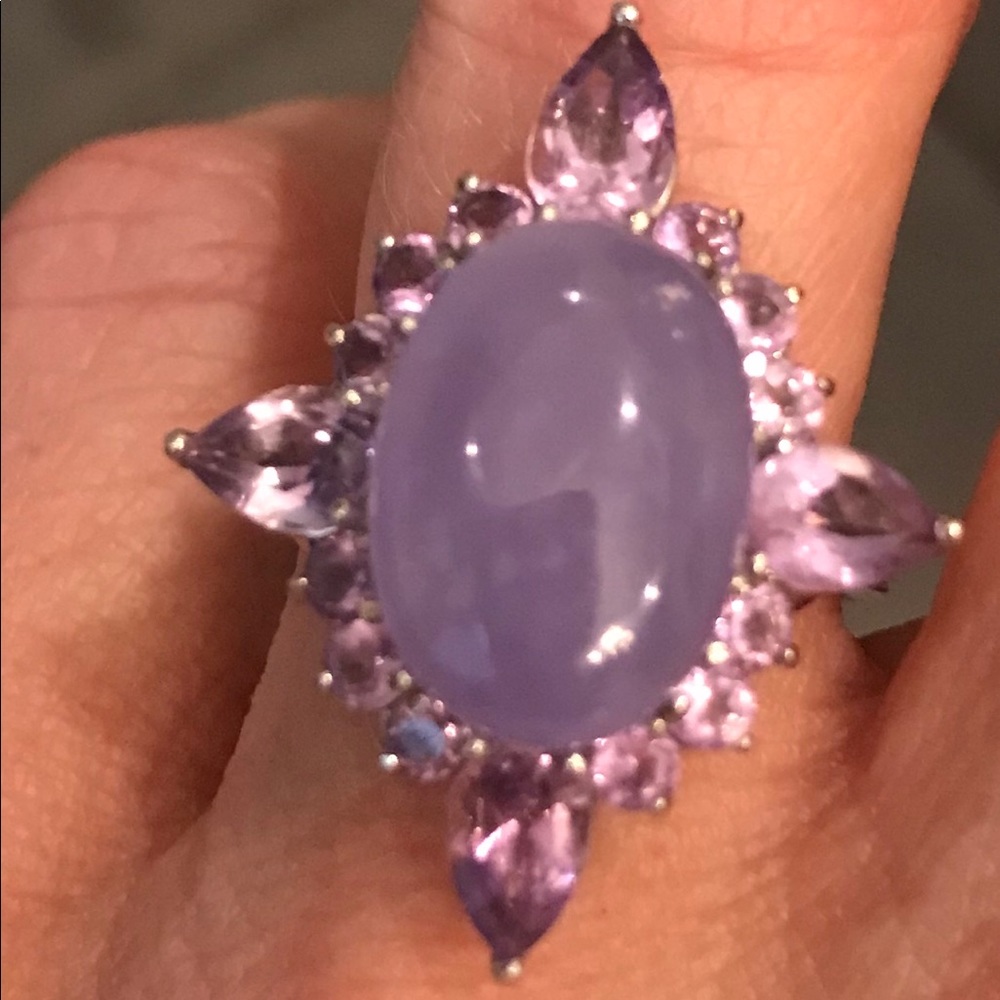 Lavender Jade & Amethyst SS Ring. Size 7